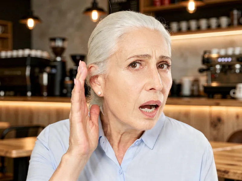 audifonos-fondo Señora en cafetería con problemas de audición