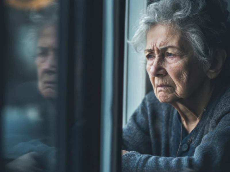 audifonos-fondo Salud auditiva en personas mayores. Mujer con demencia en soledad mirando por la ventana.