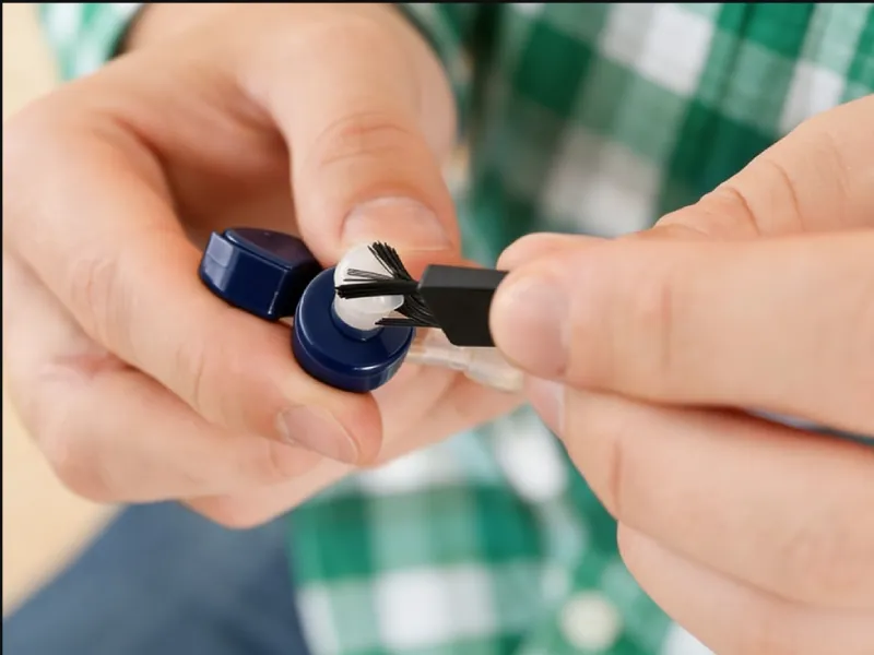 audifonos-fondo Manos manipulando accesorios para audífonos para su limpieza