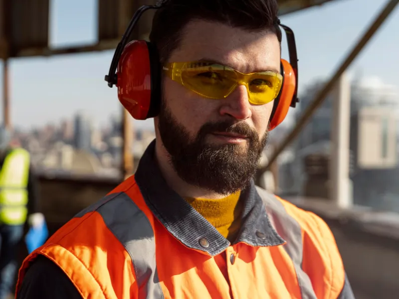 audifonos-fondo Hombre vestido con ropa de seguridad con gafas y cascos de protección auditiva.
