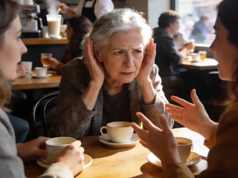 audifonos-fondo Mujer mayor con audífonos teniendo dificultad para entender la conversación de las amigas en una cafetería ruidosa. Sus audífonos necesitan un test matrix
